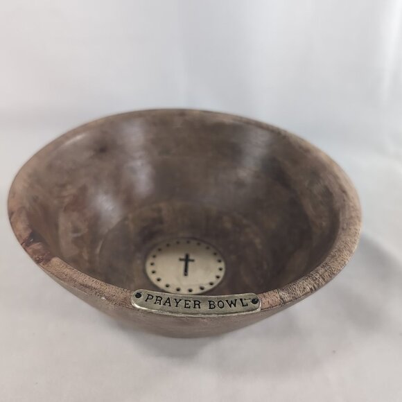Mudpie Prayer Bowl Wood Wooden Brown Gold Cross Christian Catholic Boho MCM - Picture 2 of 9